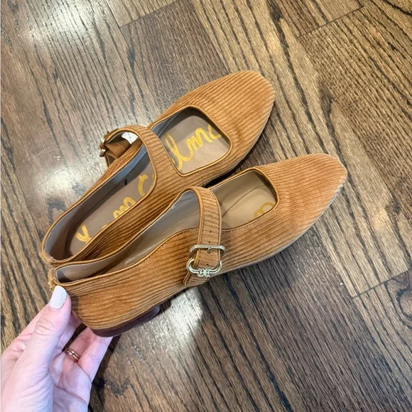 Sam Edelman Women's Corduroy Mary Jane Flats in Camel Brown with Gold Buckle - Picture 1 of 4